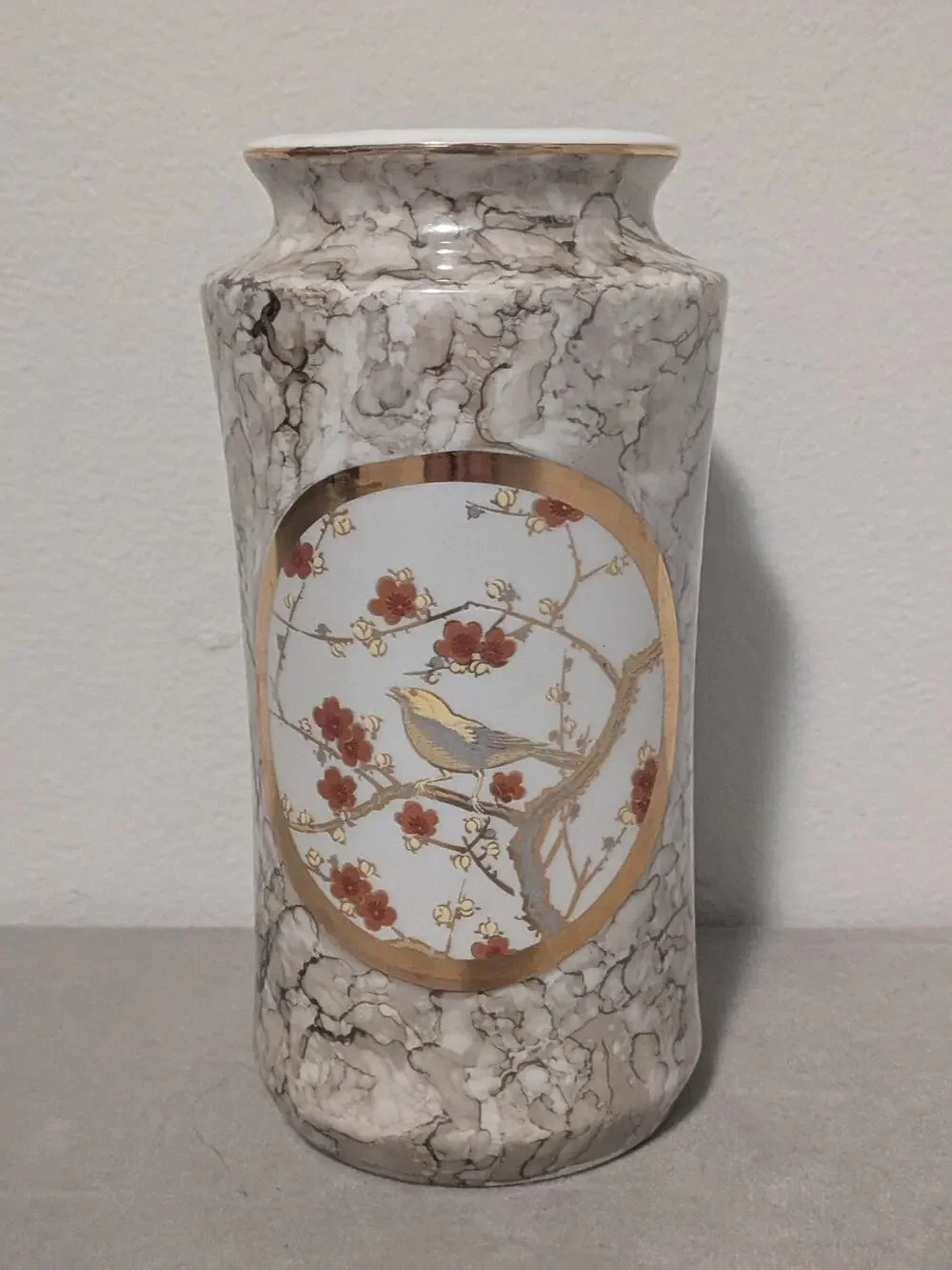 Vintage Art of Chokin Japanese Marbleized Vase Bird 24K Gold Trim 6